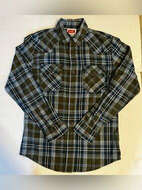 Wrangle Western Style Flannel Button Up Blue Olive White Long Sleeve Small
